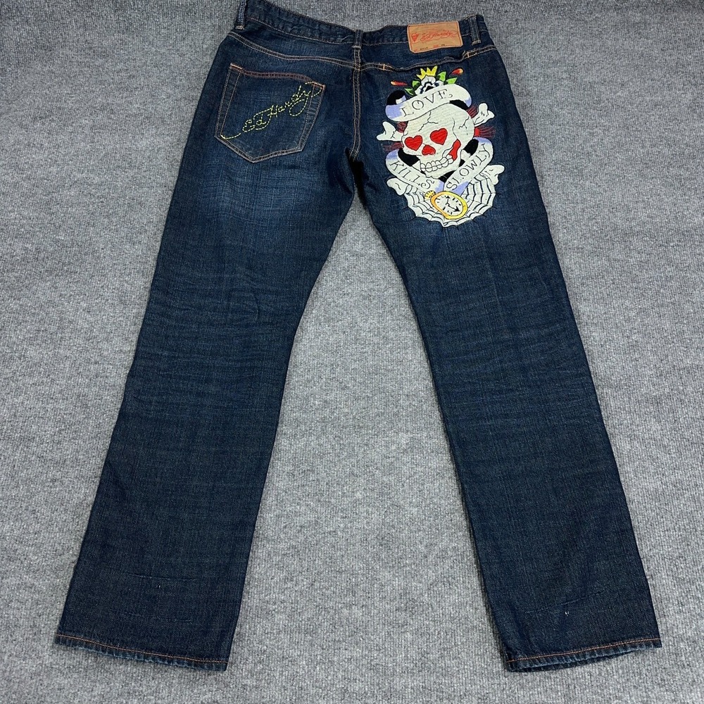 Vintage Ed Hardy Jeans Men 36x32 Embroidered Skull Crossbones Hearts Y2K - Picture 3 of 16